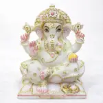 White marble Ganesh Ji moorti with floral gold detailing for home temple