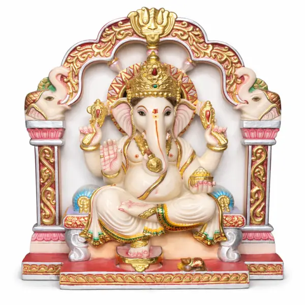 Marble Ganesh Ji moorti with decorative arch for home temple and pooja room