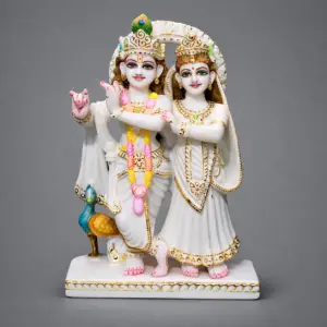 16 inch white marble Radha Krishna moorti with gold and colourful detailing for home temple
