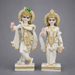 16 inch white marble Radha Krishna moorti with gold detailing for home temple
