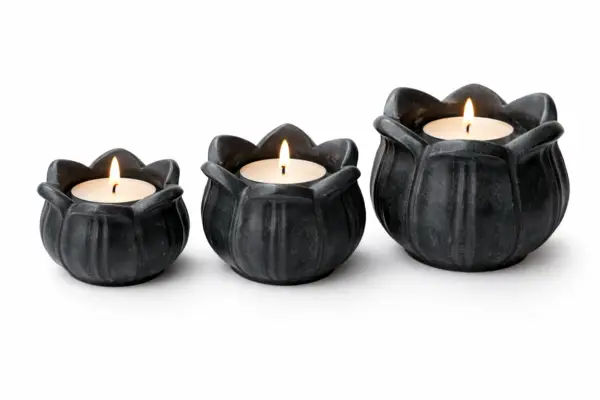Set of three black marble lotus tealight candle holders in 4, 3 and 2 inch sizes