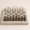 Luxury marble chess set infographic showing material, features, dimensions, and care instructions.