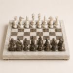 Luxury marble chess set infographic showing material, features, dimensions, and care instructions.