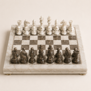 Luxury marble chess set infographic showing material, features, dimensions, and care instructions.