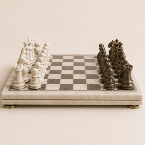 Luxury marble chess set with white and dark marble pieces on a polished marble board.