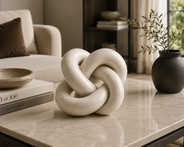 Luxury beige marble knot sculpture with polished natural veining on a neutral marble surface.
