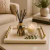 Marble tray set infographic showing material, dimensions, features, and care instructions.