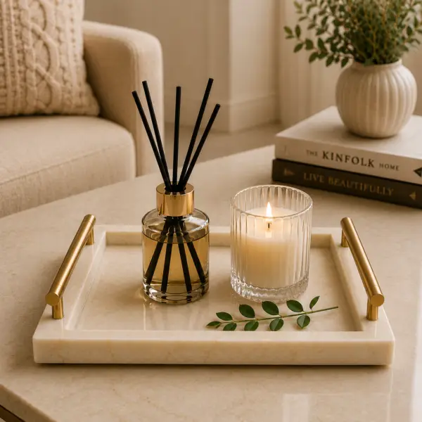 Marble tray set infographic showing material, dimensions, features, and care instructions.