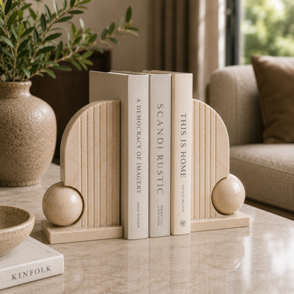 Marble bookends infographic showing material, features, dimensions, and care instructions.