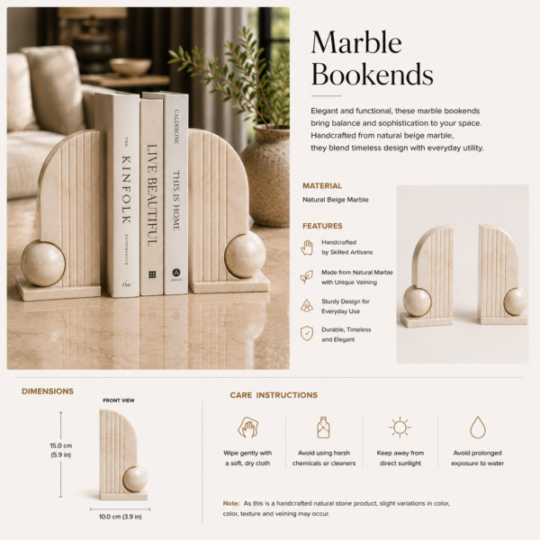 Beige marble bookends holding books on a table in an elegant living room setting.