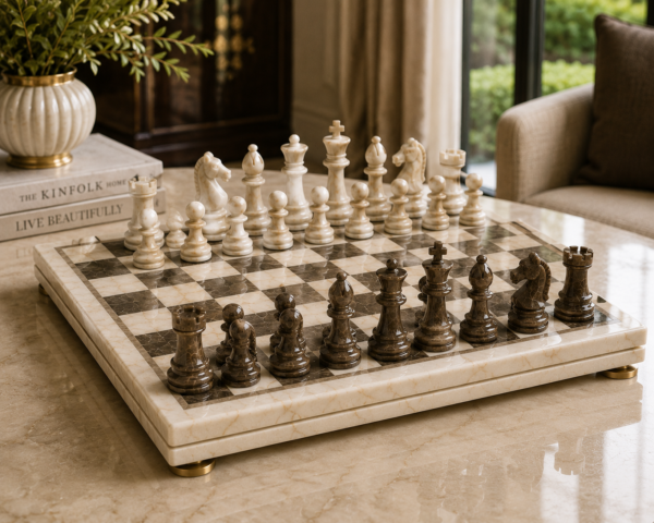 Top view of marble chess board with white and dark marble chess pieces arranged for play.