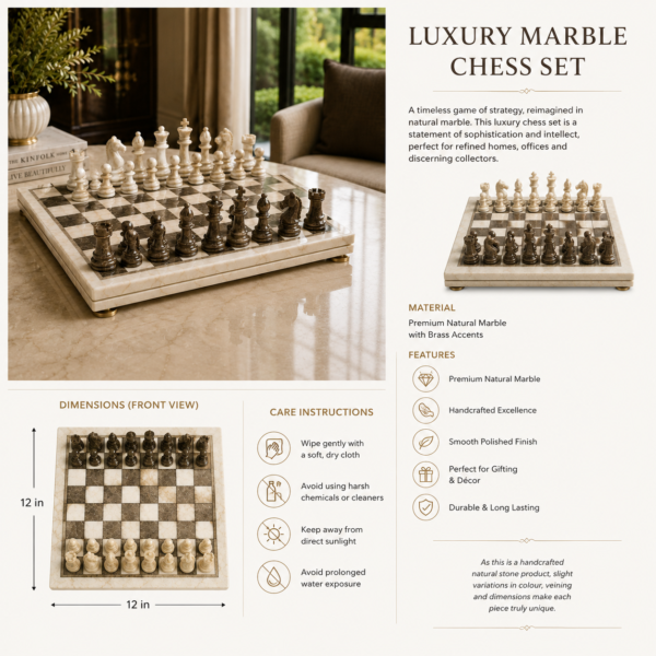 Luxury marble chess set displayed on a coffee table in an elegant living room setting.