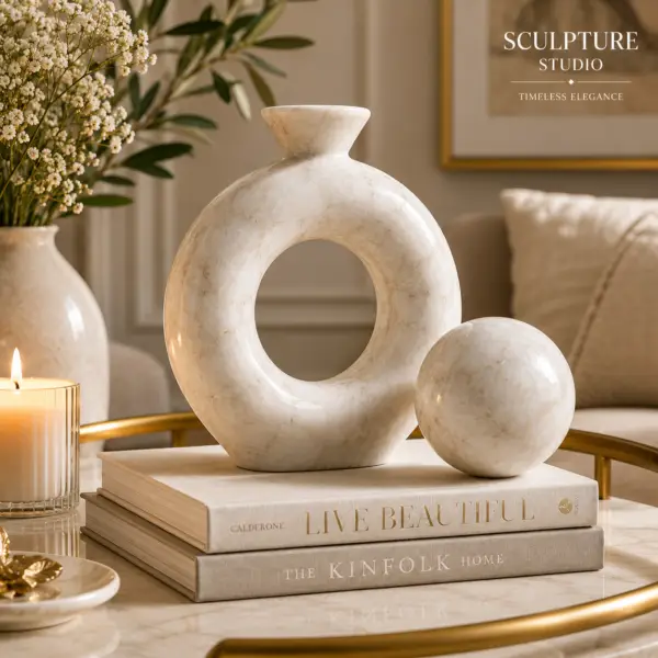 Marble knot sculpture infographic showing dimensions, material, weight, features, and care instructions.