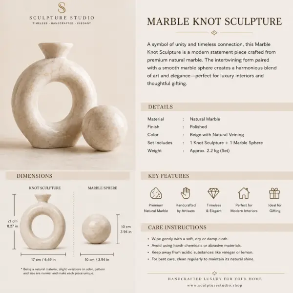 Luxury marble knot sculpture and marble sphere styled on books in a modern living room.