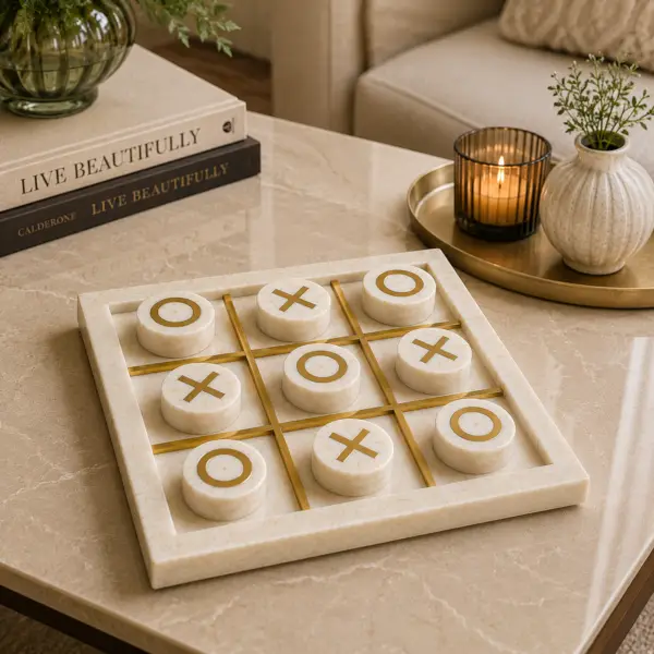 Marble tic tac toe game set showing dimensions, material, features, and care instructions.