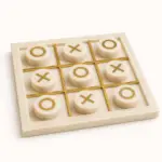Luxury marble tic tac toe game set with brass inlay and cream marble playing pieces.