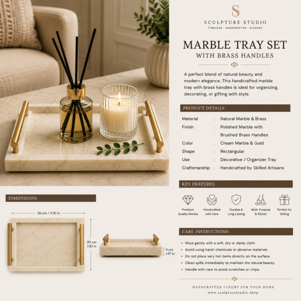 Rectangular cream marble tray with gold brass handles styled with candle, diffuser, and greenery.