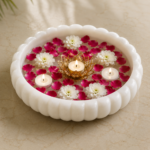 Marble urli bowl infographic showing material, features, dimensions, and care instructions.
