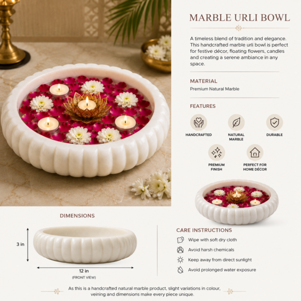 White marble urli bowl filled with floating rose petals, flowers, and lit candles.