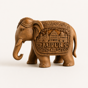 Hand-carved wooden elephant with Jaipur city detailing and antique brown finish.