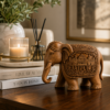 Wooden hand-carved Jaipur elephant infographic showing dimensions, material, features, and care instructions.