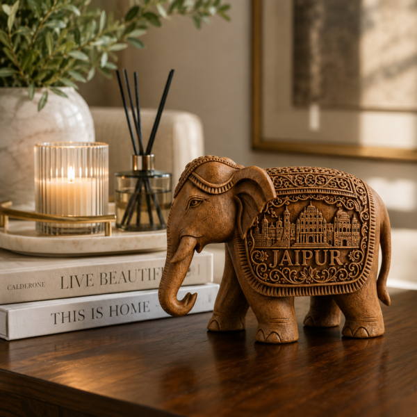 Wooden hand-carved Jaipur elephant infographic showing dimensions, material, features, and care instructions.