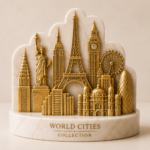World Cities marble sculpture infographic showing landmarks, dimensions, material, features, and care instructions.