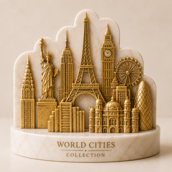 World Cities marble sculpture infographic showing landmarks, dimensions, material, features, and care instructions.