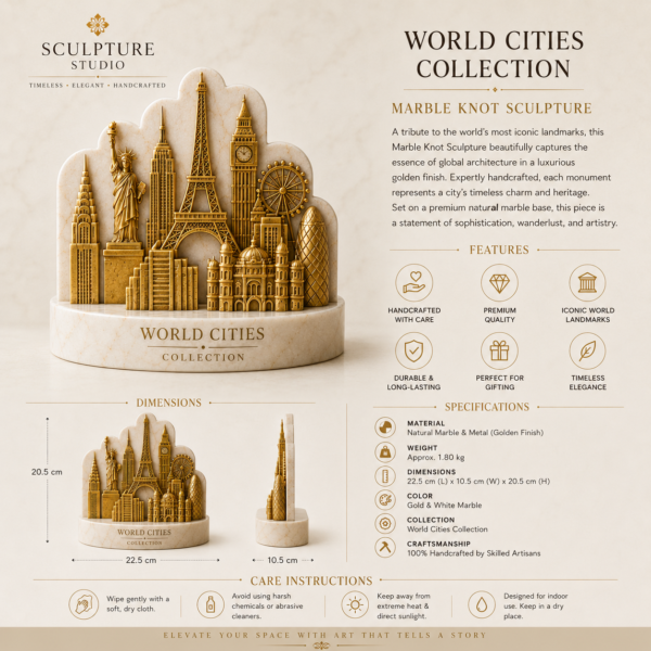 World Cities marble sculpture with gold iconic landmarks on a white marble base.